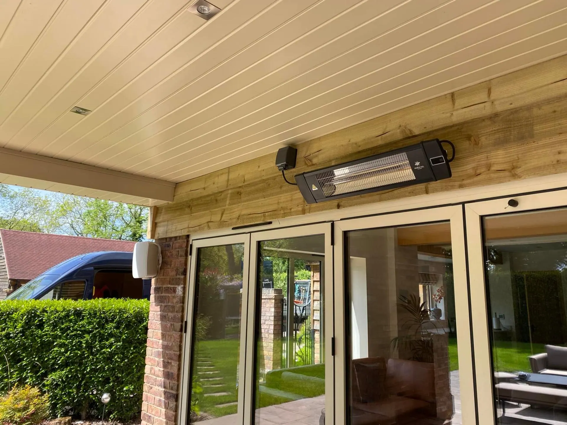 Herschel infrared patio heater under the terrace at Dingleside, JRC Developers