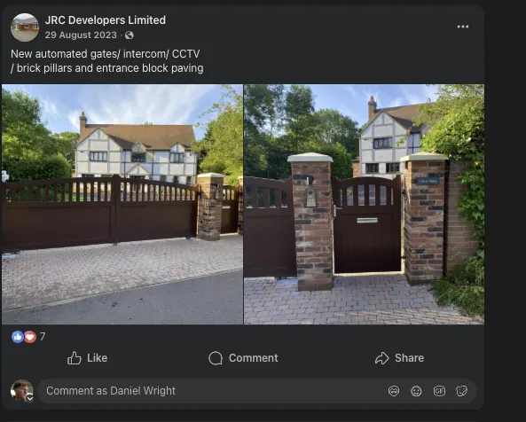 JRC Developers social post announcing the completion of the Field View entrance, new automated gates, intercom, CCTV, brick pillars and block-paved entrance