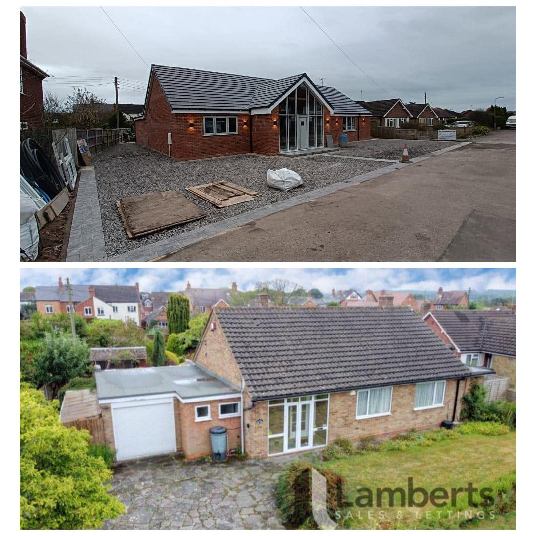 Before and after comparison of the White Gates bungalow transformation by JRC Developers, top: the completed modern three-bedroom home with glazed gable entrance and new roof; bottom: the original tired two-bedroom bungalow with dated concrete tile roof and overgrown garden